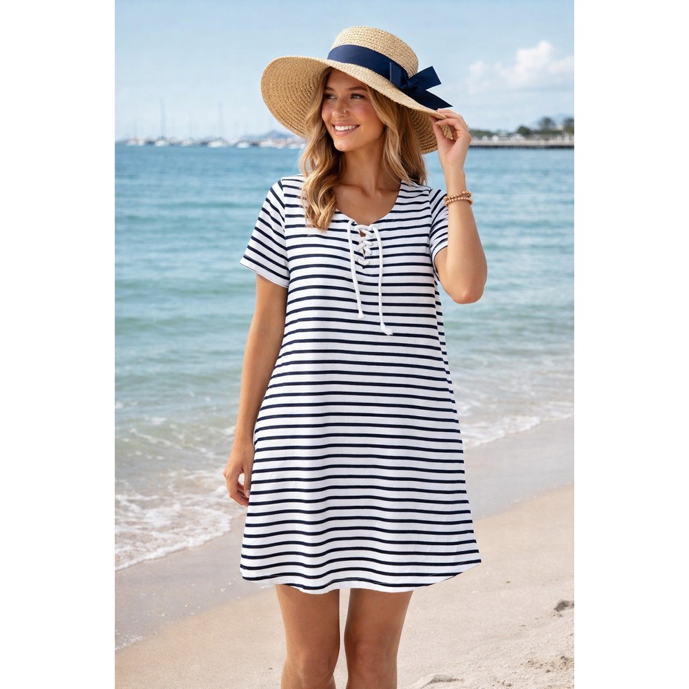 Nautical Stripe Regatta Beach Mini A Line Dress Seaside Vaca Cruise Size L Beaxh